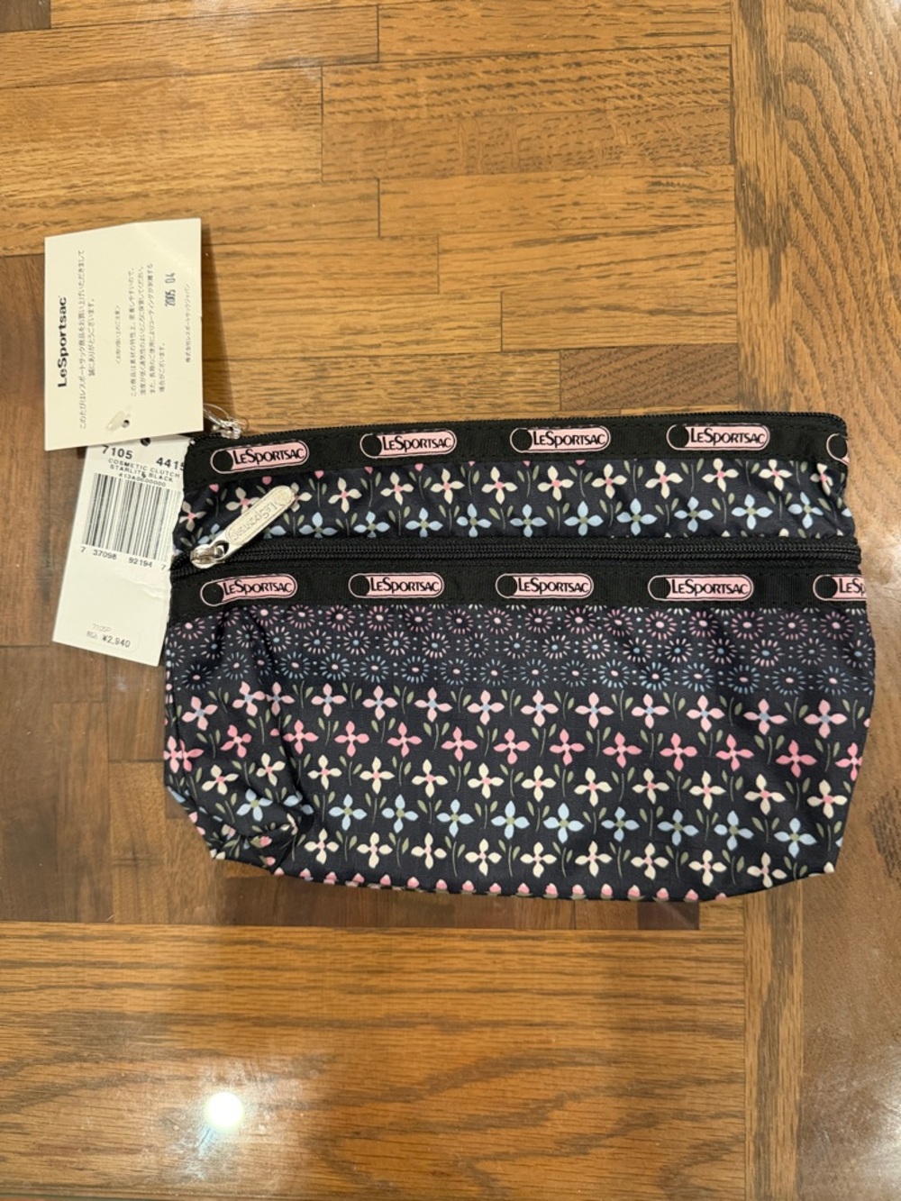 LeSportsac Navy Floral Zip Cosmetic Pouch with Pink & Light Blue Accents